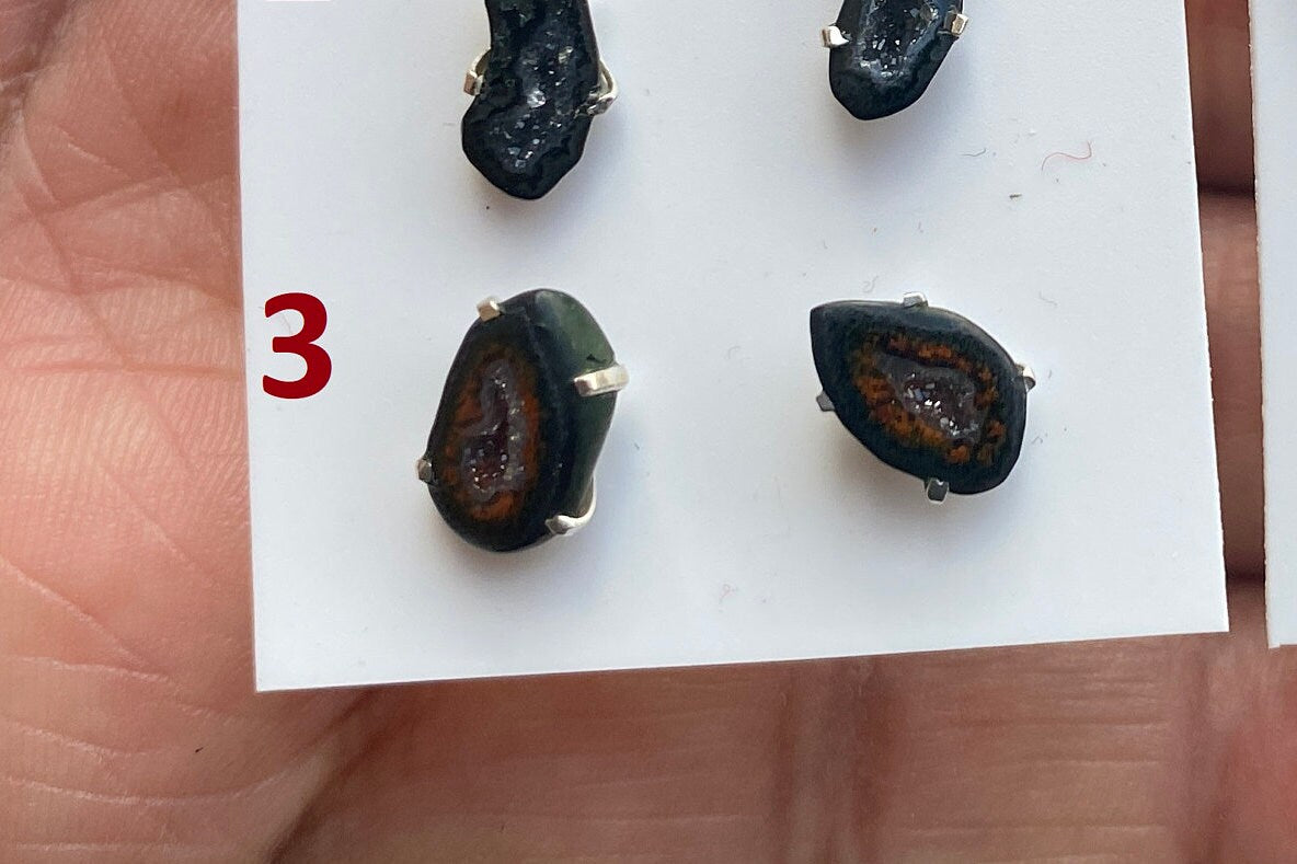 Raw Geode Stud Earrings, 92.5 Sterling Silver, Geode Crystal Earrings, Raw Crystal Prong Earrings, Tabasco Geode Post Earring, Druzy Earring
