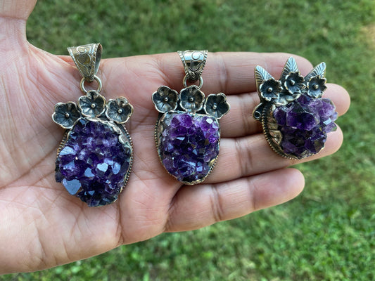 Raw Natural Amethyst Druzy Stone Tibetan Silver Pendant, Healing Pendant, Hill Tribe Women's Jewelry, Birthstone Pendant for Necklace, Boho
