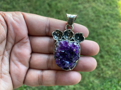 Raw Natural Amethyst Druzy Stone Tibetan Silver Pendant, Healing Pendant, Hill Tribe Women's Jewelry, Birthstone Pendant for Necklace, Boho