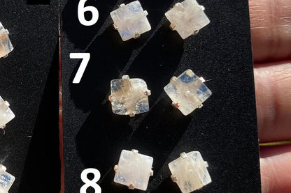 Tiny Raw Rainbow Natural Moonstone Gemstone Stud Earrings, Sterling Silver Earrings, Prong Stud Earring, Crystal Stud, June Birthstone