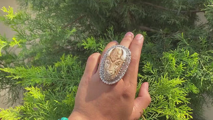Bull Carved Adjustable Ring with Tibetan Silver Detailing, Hammered Ring, Bone Carved Ring.