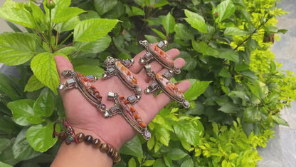 Daily Wear Orange Oyster Cross Pendant in Tibetan Silver with Natural Stones, Hammered Design, Handmade in Nepal, Unique Aesthetic Pendant.