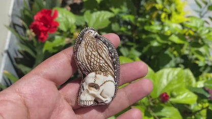Skull and Eagle Carved on Water Buffalo Bone Tibetan Silver Ring, Unisex Adjustable Skull Ring, Boho Hippie Jewelry, Unique Gift