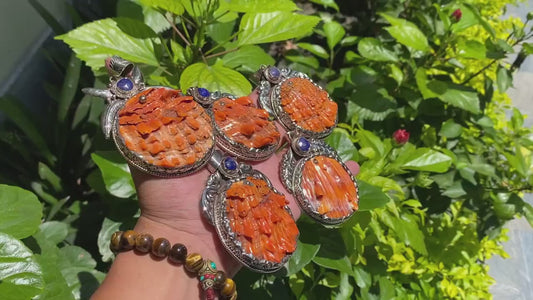 Desert Sea Gem: Oceanic Tibetan Silver Pendant from Nepal, Big Spiny orange oyster pendant adorned with natural raw lapis, Unique gift idea.