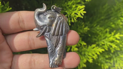 Carved Elephant in Tibetan Silver Overlay Pendant, Spirit Animal Gift, Animal Lover's Jewelry, Daily Wear, Unisex Pendant.