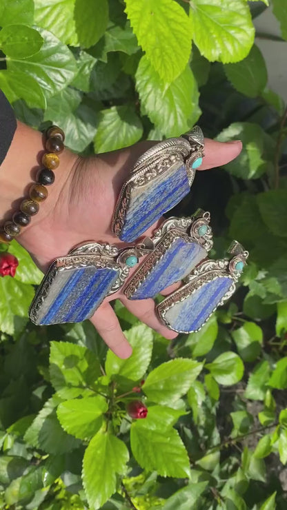 Big Natural Raw Lapis Pendant adorned with Tibetan Silver, Turquoise Pendant, Floral designed Pendant, Gift ideas, DailyWearHealingPendant.