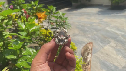 Big Adjustable Tibetan Silver Ring adorned with White Topaz and Citrine.