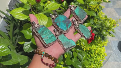 Unique Handmade Healing Raw Chrysocolla Pendant – Unisex Boho Chic Jewelry, Natural Gemstone Pendant, Perfect for gift, Hammered pendant.
