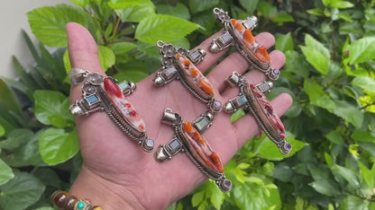 Beautiful Spiky Orange oyster Pendant, Cross shaped Tibetan Silver Pendant adorned with Natural Gemstones, Hippie Fashion, Unisex Pendant.