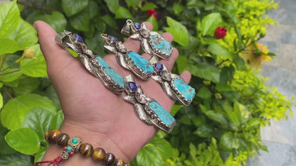 Handmade Nepalese Pendant: Turquoise, Lapis, and Floral Tibetan Silver, Timeless Unisex Turquoise and Lapis Pendant , Bohemian fashion.