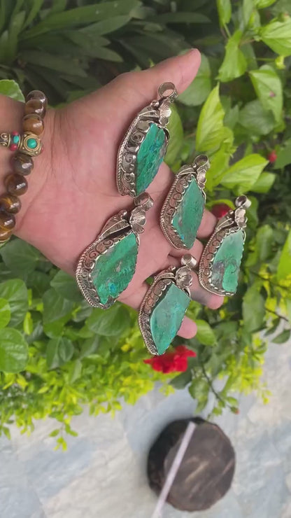 Raw Chrysocolla Handmade Nepalese Pendant, Boho Chic Jewelry, Unisex Tibetan Silver Jewelry, Healing Pendant, Hammered Floral Design
