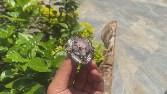Unique Wolf head Ring, Adjustable Ring, Big Tibetan Silver Ring, Rose Quartz adorned with Natural Amethyst Stone.