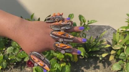 Hammered Tibetan silver Hand Ring , Made with Tibetan Silver & Natural Orange Spiny Oyster, Rings for Daily wears.