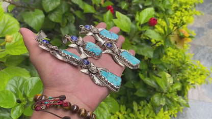 Unisex Turquoise and Lapis Pendant with Floral Tibetan Silver Detailing, Unique Tibetan Silver Pendant, Aesthetic design, Trendy Pendant.