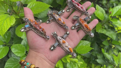 Tibetan Silver Cross Pendant with Spiny Orange Oyster & Natural Gemstones, Hand-carved floral design, Unique wears, Boho Pendant, Gift ideas