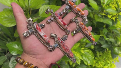 Aesthetic Durable Spiny Orange Oyster pendant for daily wear, Tibetan Silver and Natural Gemstones, Cross shaped Pendant, Unique Boho charm.