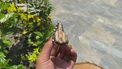 Funny Finger carved on Buffalo bone, Tibetan silver Ring, Adjustable ring, Hammered Ring.