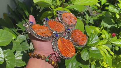 Big handmade Natural Spiny Orange Oyster Pendant for Daily wear, Hammered floral design , Tibetan Silver with Raw Lapis, Unique Boho fashion
