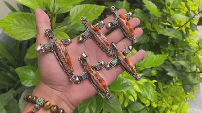 Floral Designed Handcrafted Boho Cross Pendant with Spiny Orange Oyster & Tibetan Silver, Natural Gemstone Pendant, Aesthetic gift ideas.