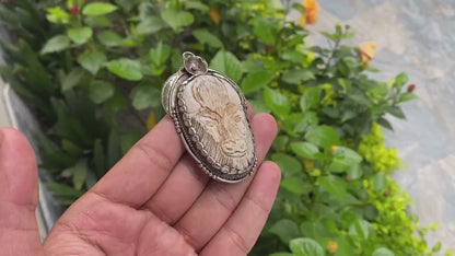 Large Buffalo bone pendant with Carved bull face on Bone, Natural Tibetan Silver Pendant, Pendant for daily wear, Unisex healing pendant (Two).
