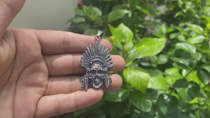 Skull With a Feathered Crown Brass Pendant | Tibetan Silver Overlay Pendant, Skull Locket, Skull Pendant, Boho Jewelry, Heavy Metal Wear