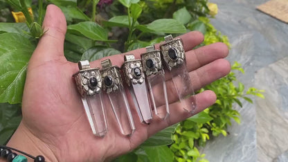 Natural Crystal Pointed Pendant, Crystal pendant for Daily wear, Tibetan Silver Pendant, Natural Gemstone Pendant, Black onyx Pendant.