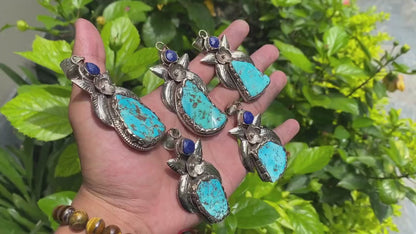 Embrace your love for Nature with our Handmade Turquoise Pendant with Raw Lapis Stone & Tibetan Silver, Unisex Pendant, Daily wear piece.