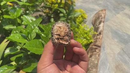 Cool looking Skull carved on Buffalo Bone, Big Adjustable Tibetan Silver Ring, Cool Gift Ideas.