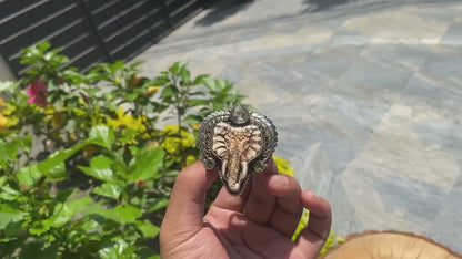 Elephant Carved on Water Buffalo Bone, Adjustable Tibetan Silver Ring adorned with Peridotite and White Topaz.
