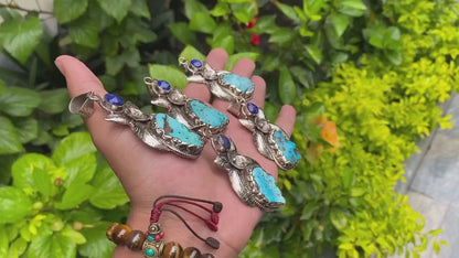 Floral Tibetan Silver Pendant with Natural Turquoise and Lapis Stone, Handmade and Hammered design, Perfect for gift, Unisex Pendant.