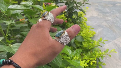 Hammered Two-Tone Ring with Natural Turquoise, Natural gemstone ring, Brushed Gold and Silver overlay over Brass, Gift ideas, Minimal Ring.