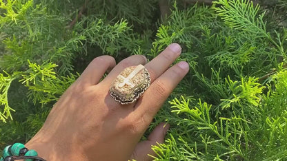 Big Adjustable Bone Carved Tibetan Silver Ring, Cross Ring, Floral design on Cross.
