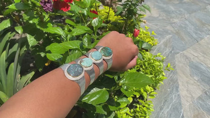 Adjustable Turquoise Natural Stone Wide Band Cuff,  Brushed Gold with Silver Overlay, Hammered Bracelet, Wide Cuff, Handcrafted Jewelry.