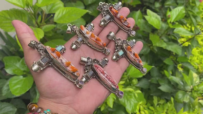 Durable Boho Cross Pendant - Natural Spiny Orange Oyster & Tibetan Silver Charm, Natural Gemstones, Unique design, Collectible gift ideas.