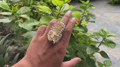 Floral designed Ring, Holy Cross covered with floral design, Unique buffalo bone Ring, Hammered Tibetan silver, Unisex Hippie fashion.