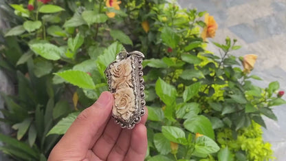 Big Antique pendant with Flower motif on water buffalo Bone, Unique pendant for daily wear, Tibetan silver jewelry, gift for him/her.