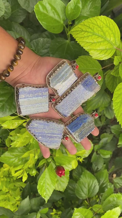 Artisanal Lapis & Coral Pendant with Tibetan Silver - Unisex Boho Floral Design, Collectible Jewelry, Hammered Pendant, Unique Gift ideas.