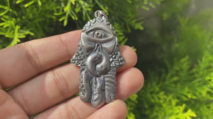 Hand Carved Hamsa and Yin-Yang in Tibetan Silver Overlay Pendant, a Unique Touch to Blend of Traditions, Unisex Jewelry