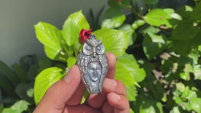 Artful Fusion: Owl Covering Women’s Face in Brass, Hammered design, Handmade design, Aesthetic wears, Unisex Pendant, boho inspired