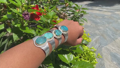 Adjustable Turquoise Natural Stone Wide Band Cuff,  Brushed Gold with Silver Overlay, Hammered Bracelet, Wide Cuff, Handcrafted Jewelry.