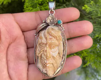 Skull Hand Carved Buffalo Bone Tibetan Silver Pendant, Jewelry for Men or Women, Ethnic Jewelry, Skull Jewelry