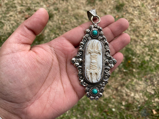 Vajra Amulet Carved Bone Tibetan Silver with Turquoise Dorje Pendant, Protector Amulet, Buddhist Thunderbold, Tibetan Buddhist Ritual Object